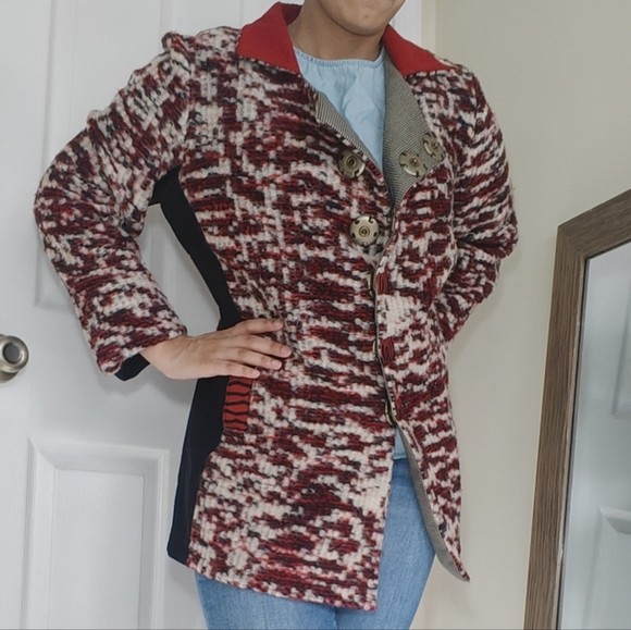 Deborah Cross Sz Lare Wool Red Black Collared Button Up Jacket Textile Artist - Picture 7 of 8